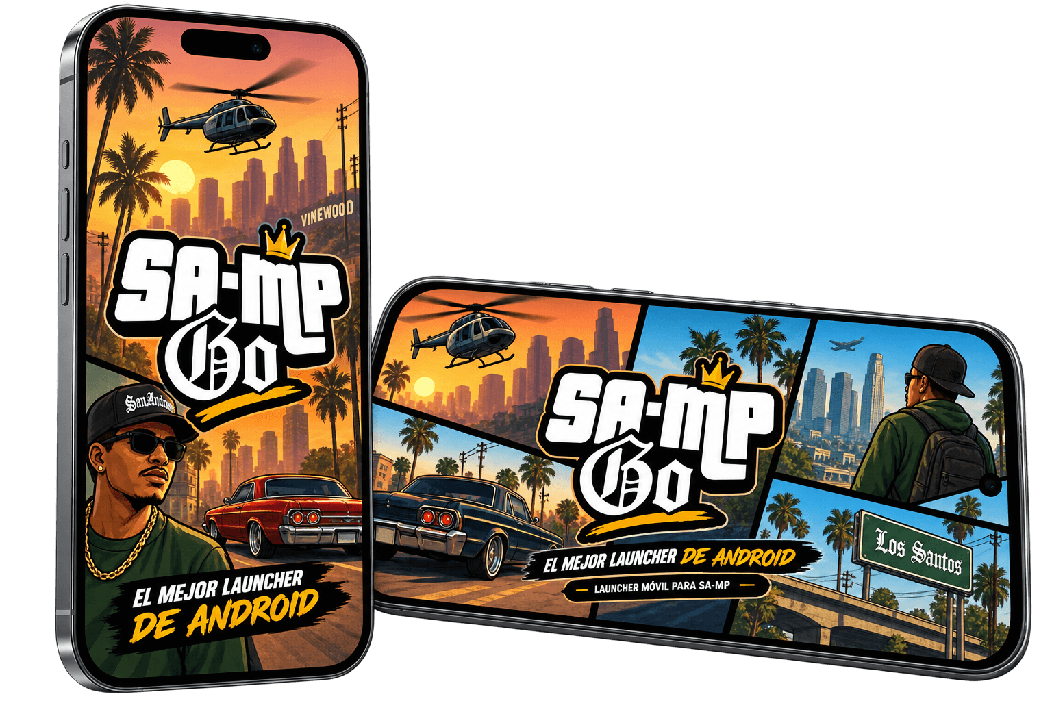 Arte promocional do SA-MP Go em dois celulares Android