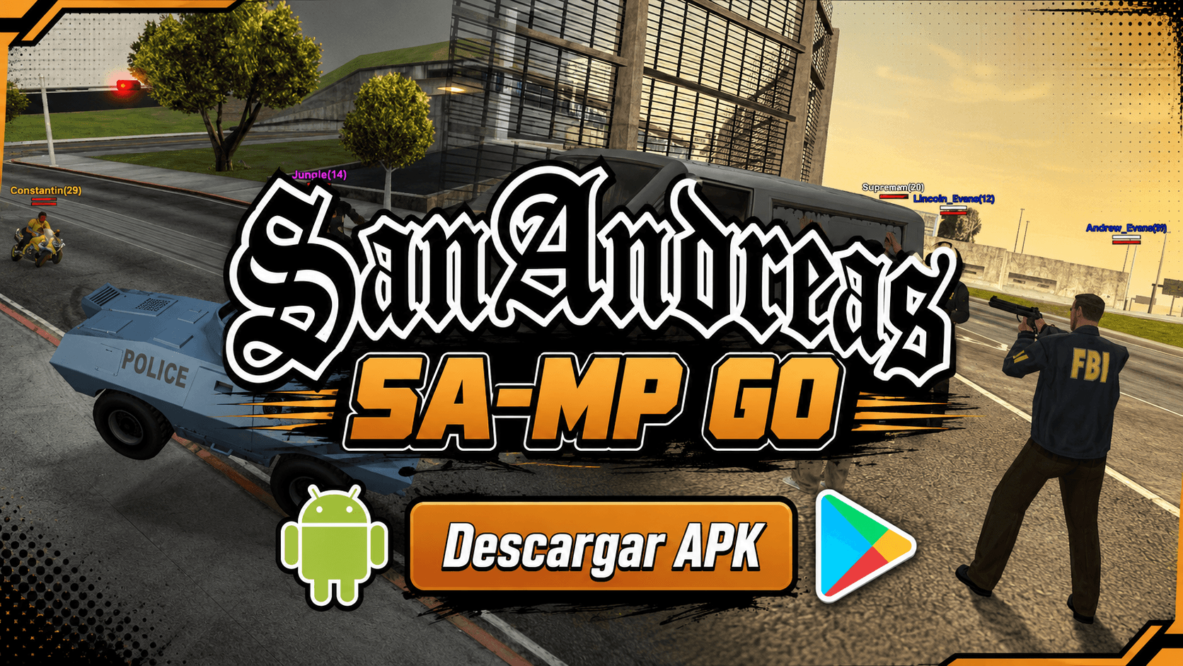 Banner de download do SA-MP Go com uma cena multijogador